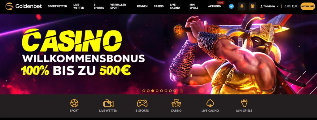 Spielerische Homepage des Goldenbet Casinos. Willkommensbonus 100% bis zu 500€