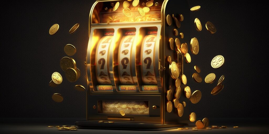 Golden coins pouring out of a futuristic casino slot machine  