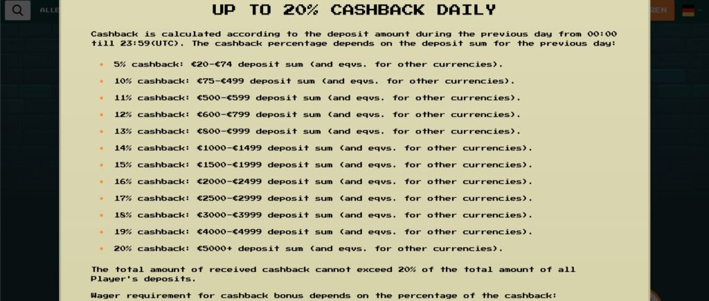 Die Cashback Tabelle des Bitkingz Casinos