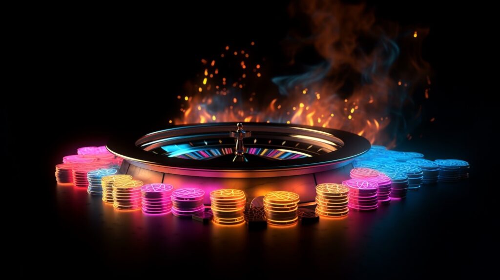 Roulette mit loderndem Feuer im Hintergrund und bunten Neonchips im Vordergrund 