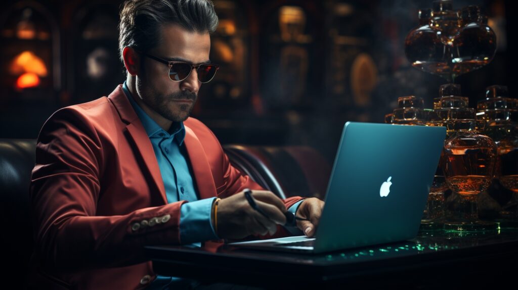 A young man playing anonymously online games in crypto casinos in front of his laptop, wearing sunglasses. 
