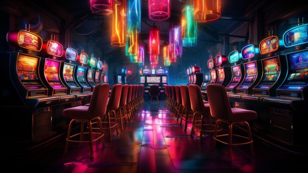 Eine bunte Spielhalle voller Casinoslots die vor Casino Boni und Freispielen nur strotzen 