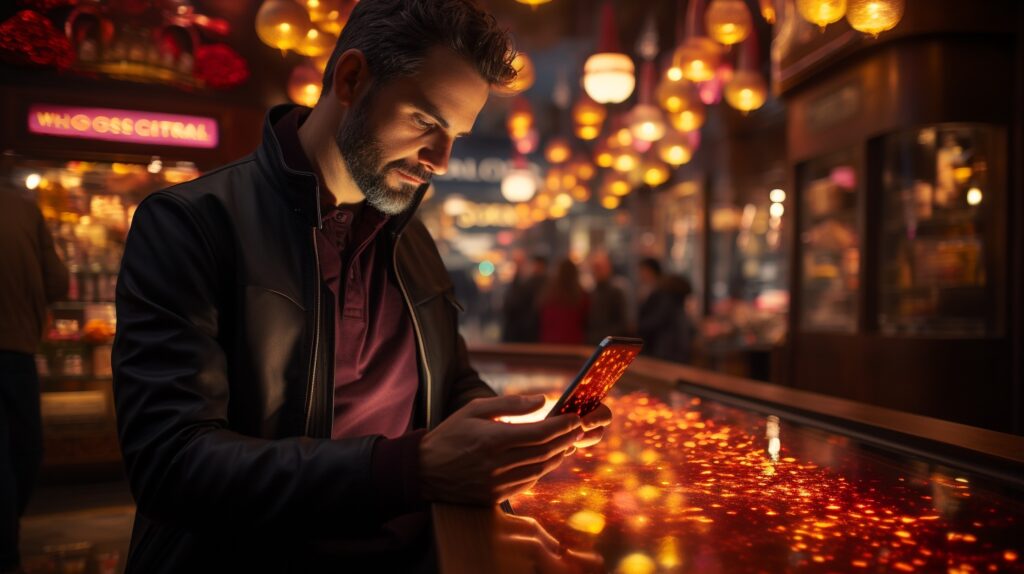 Mann spielt Casinos Games auf seinem Mobilgerät