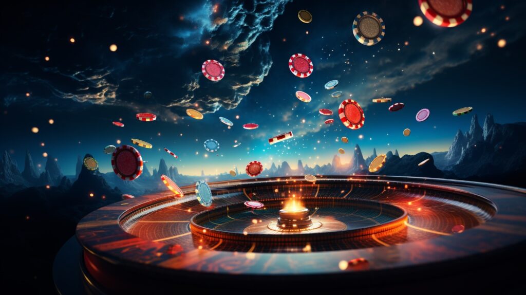 Rotierender Roulettetisch und fliegende Chips in einem futuristischen Casino