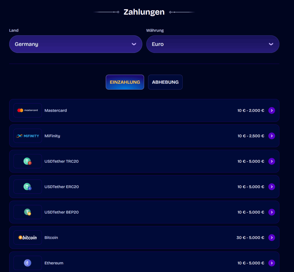 Wish Win Casino Liste Zahlungsmethoden