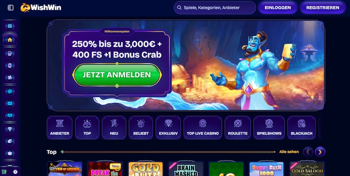 Startseite des Wish Win Casinos